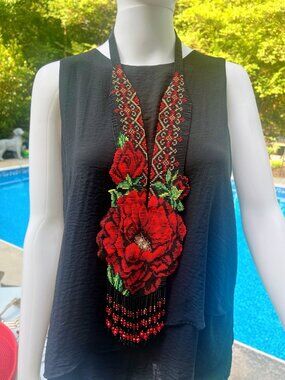 Handcrafted Beaded Necklace With Red Rose Design Black & Red Beads Elegant Flora